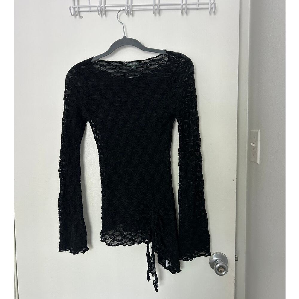 Sheer Black Lace Asymmetrical Hem Long Sleeve Top - Picture 3 of 6